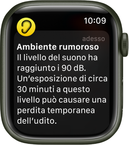 Apple Watch che visualizza una notifica di Rumore. L’icona dell’app associata alla notifica compare in alto a sinistra. Puoi toccarla per aprire l’app.