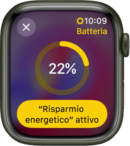 La schermata di “Risparmio energetico” con un anello giallo non completo che indica la carica rimanente. Al centro dell’anello è visibile il numero 22%. In basso è presente il pulsante “Risparmio energetico”. In alto a sinistra è visibile il pulsante Chiudi.