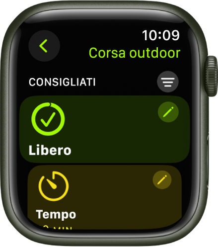 L’app Allenamento con una schermata per modificare un allenamento di corsa outdoor. Al centro del pannello è presente l’indicazione Aperto, mentre il pulsante Modifica è in alto a destra. Sotto è presente l’icona del tempo.