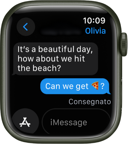 I messaggi di una conversazione. Il pulsante App e il campo del messaggio si trovano nella parte inferiore dello schermo.