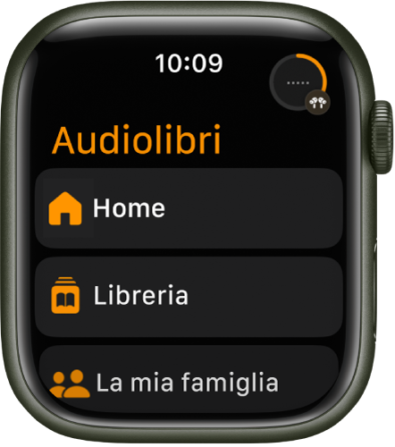 L’app Audiolibri con i pulsanti Home, Libreria e “La mia famiglia”.