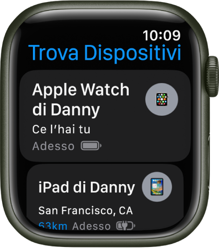 L’app Trova Dispositivi che mostra due dispositivi: un Apple Watch e un iPad.