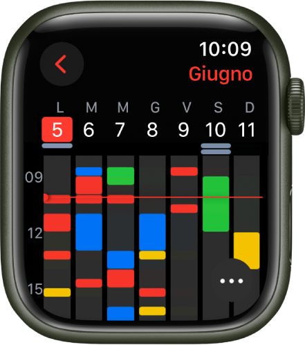 L’app Calendario con gli eventi della settimana. Ciascun evento ha un colore specifico, a seconda del calendario a cui appartiene. In alto a destra sono visibili il nome dell’evento e il mese, mentre sopra sono presenti i giorni e le diverse date. Gli eventi giornalieri sono contrassegnati con una barra sotto a ciascuna data. La linea posizionata in corrispondenza della settimana indica l’orario attuale. In basso a destra è visibile il pulsante Altro.