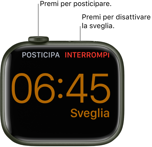 Apple Watch posizionato sul lato, con lo schermo che mostra una sveglia che suona. Sotto la Digital Crown è presente la parola “Ritarda”. Sotto il tasto laterale è presente la parola “Stop”.