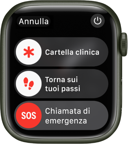 Lo schermo di Apple Watch che mostra tre cursori: Cartella clinica, “Torna sui tuoi passi” di Bussola e “Chiamata di emergenza”. In alto a destra c’è il pulsante di accensione.