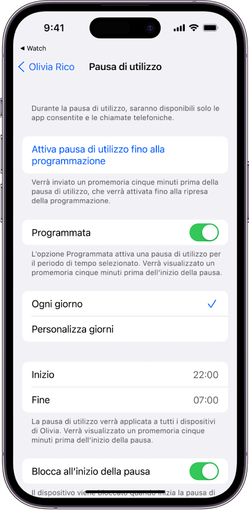 iPhone che mostra la schermata di configurazione di “Pausa di utilizzo”. Vicino alla parte superiore, è presente un interruttore Programmato. Le opzioni “Ogni giorno” e “Personalizza giorni” appaiono di seguito, l’opzione “Ogni giorno” è selezionata. Gli orari di inizio e fine sono visibili al centro, mentre il pulsante “Blocca nella pausa di utilizzo” si trova nella parte inferiore dello schermo.