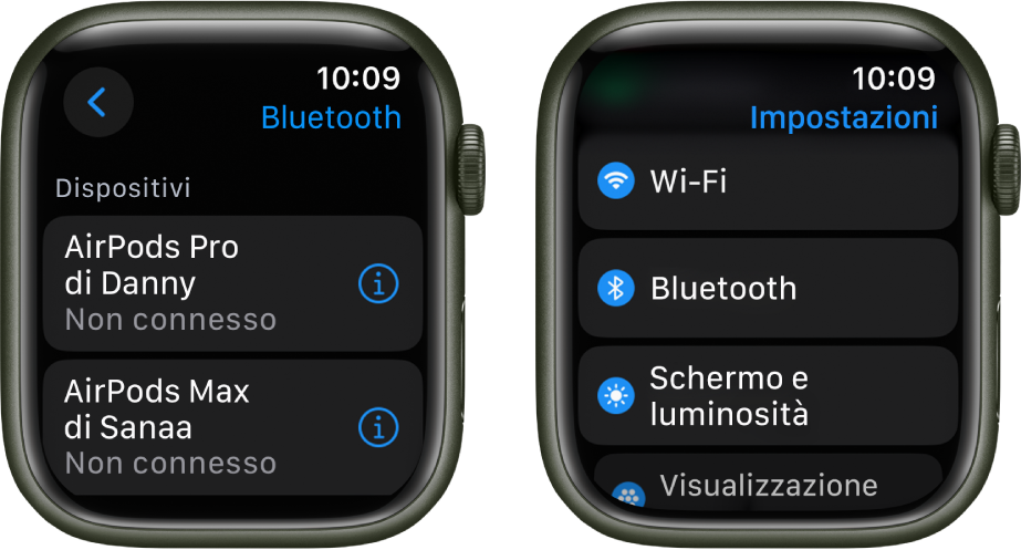 Due schermi affiancati. A sinistra si trova una schermata che elenca due dispositivi Bluetooth disponibili: AirPods Pro e AirPods Max, entrambi i dispositivi non sono connessi. Sulla destra, nella schermata Impostazioni, sono visibili i pulsanti Wi-Fi, Bluetooth, “Schermo e luminosità” e “Visualizzazione app”, disposti in un elenco.