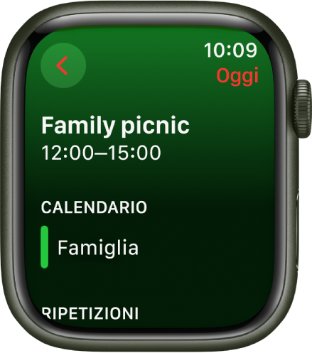 Schermata di Calendario con un nuovo evento. Il nome dell’evento è in alto, mentre sotto è visibile il campo con l’orario. La data dell’evento è in alto a destra. Sotto a Calendario è visibile il nome del calendario a cui appartiene l’evento.