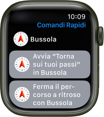 L’app Comandi Rapidi su Apple Watch con due comandi rapidi per la Bussola: “Inizia un percorso a ritroso in Bussola” e “Interrompi percorso a ritroso in Bussola”.