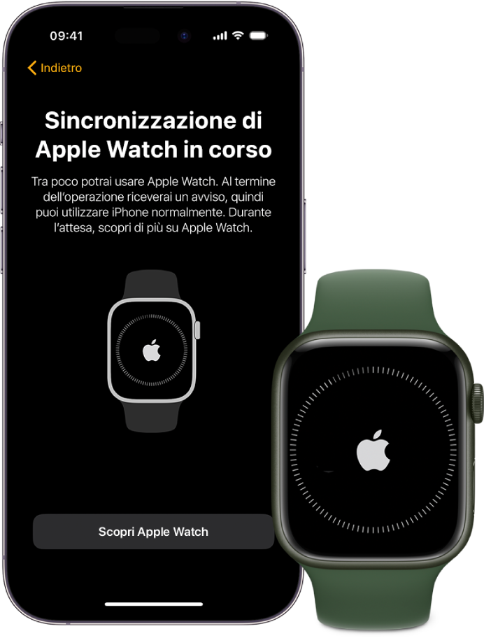 iPhone e Apple Watch, uno accanto all’altro. Lo schermo di iPhone che mostra “Sincronizzazione di Apple Watch in corso”. Apple Watch mostra i progressi del processo di sincronizzazione.