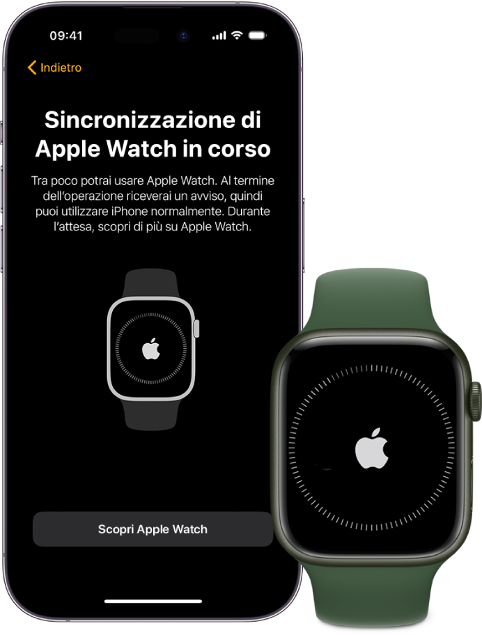 Un iPhone e un Apple Watch che mostrano le loro schermate di sincronizzazione.