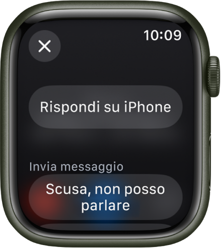 L’app Telefono con le opzioni per le chiamate in entrata. Il pulsante Rispondi su iPhone è in alto, mentre sotto è visibile un suggerimento.