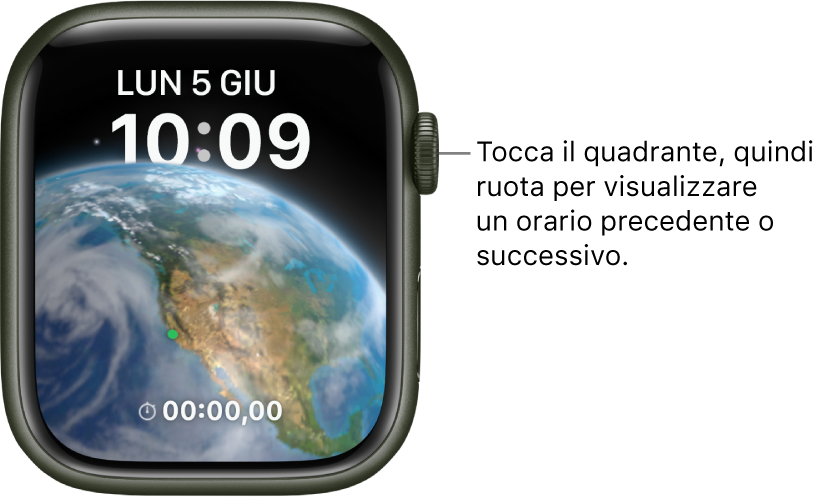 Il quadrante Astronomia con informazioni sul giorno, la data e l’ora attuale. In basso è presente la complicazione Timer. Tocca il quadrante, quindi ruota la Digital Crown per passare a un orario successivo o precedente.