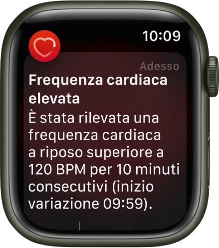 Una schermata di avviso dell’opzione di monitoraggio del battito cardiaco che indica che è stata rilevata una frequenza cardiaca elevata.