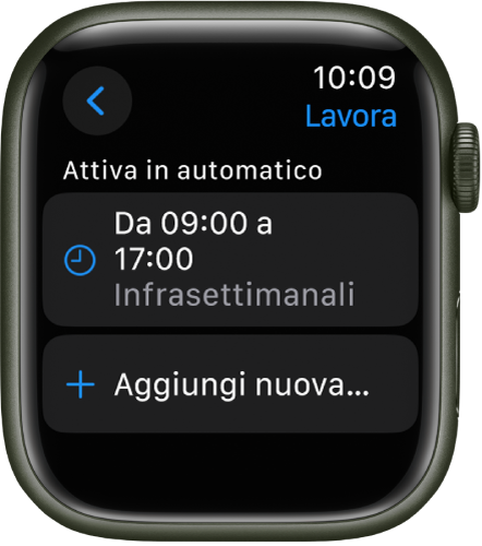 La schermata della full immersion Lavoro che mostra un programma dalle 09:00 alle 17:00 durante la settimana. Nella parte inferiore è visibile il pulsante “Aggiungi nuova”.