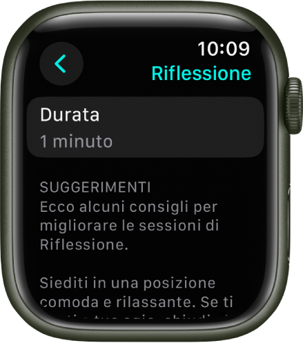 La schermata dell’app Mindfulness che mostra la durata di un minuto nella parte superiore. Sotto ci sono suggerimenti per aiutarti a migliorare la sessione di riflessione.