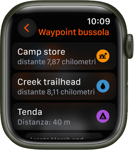 L’app Bussola con un elenco di waypoint.