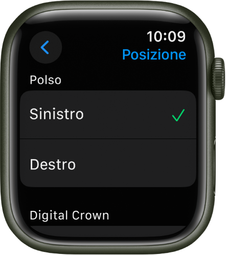 La schermata Orientamento su Apple Watch. Puoi scegliere le impostazioni che preferisci per il polso e la Digital Crown.