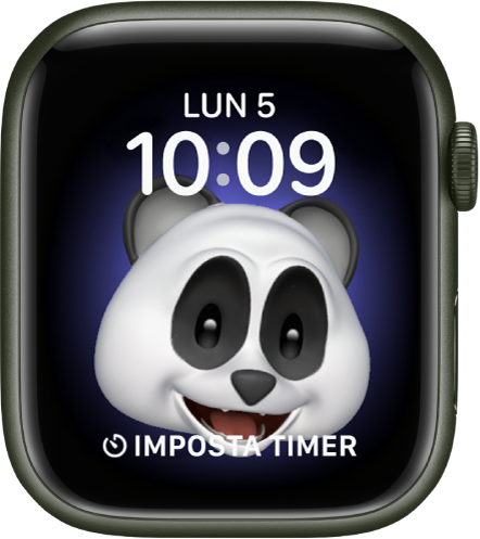 Il quadrante Memoji dove puoi modificare il tuo alter ego e una complicazione in basso. Tocca lo schermo per dare vita alla Memoji. Sullo schermo, la data e l’ora sono in alto e la complicazione Timer è in basso.