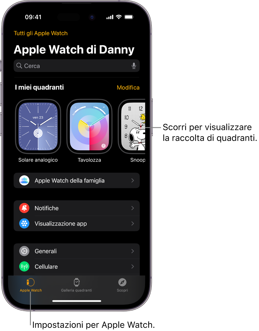 L’app Watch su iPhone si apre sulla schermata Apple Watch con i quadranti accanto alla parte superiore e le impostazioni sotto. Ci sono tre pannelli nella parte inferiore della schermata dell’app Watch: il pannello a sinistra è il pannello Apple Watch dove si trovano le impostazioni di Apple Watch; accanto si trova “Galleria quadranti” dove puoi esplorare i quadranti e le complicazioni disponibili; quindi il pannello Scopri da dove puoi scoprire di più sulle app per Apple Watch.