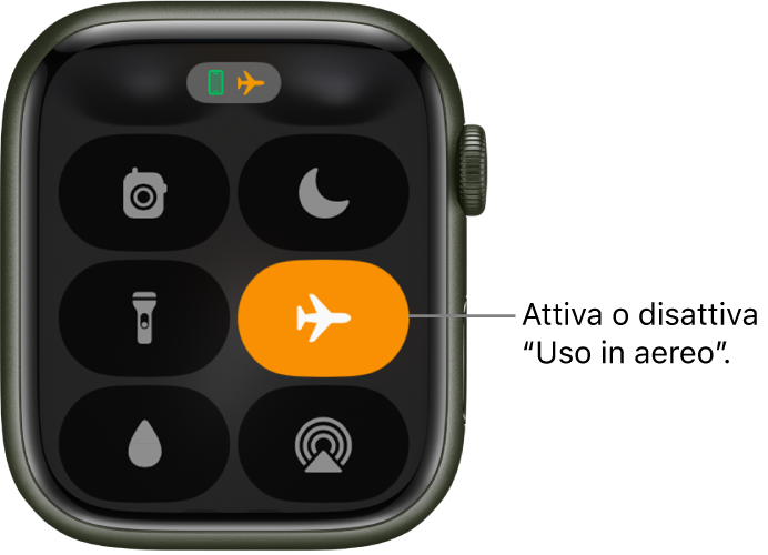 Centro di controllo con il pulsante “Uso in aereo” evidenziato per mostrare che la modalità “Uso in aereo” è attiva.