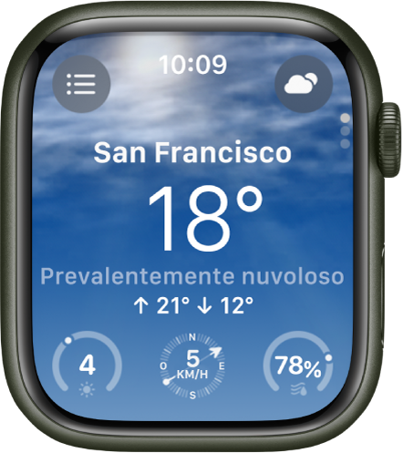 L’app Meteo che mostra una panoramica con le previsioni meteo per la giornata. Il nome della località è visualizzato in basso con la temperatura attuale. In basso sono presenti tre pulsanti: Indice UV, Velocità vento e Precipitazioni. L’elenco di luoghi è in alto a sinistra, mentre in alto a destra è visualizzato il pulsante Condizioni.