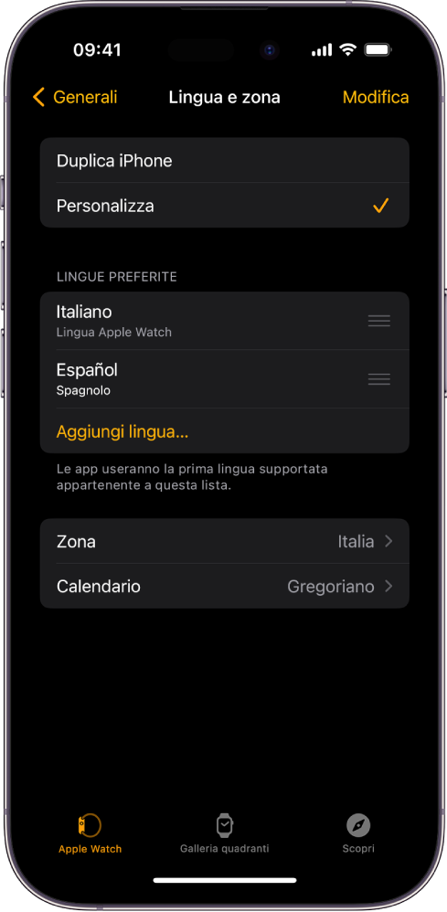 La schermata “Lingua e Zona” nell’app Watch con inglese e spagnolo sotto alle lingue preferite.