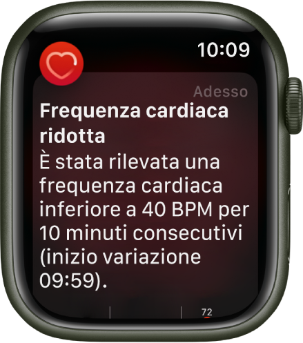 La schermata di “Frequenza cardiaca ridotta” che mostra una notifica perché il battito cardiaco è sceso al di sotto della soglia di 40 BPM per 10 minuti.