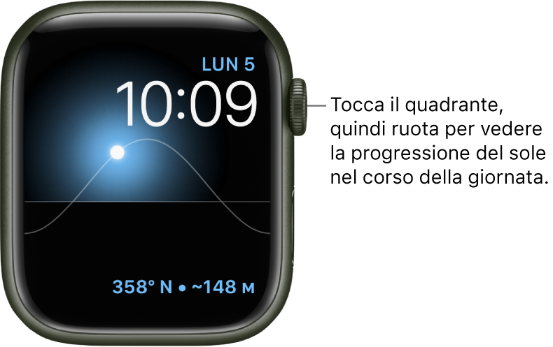 Il quadrante “Grafico solare” visualizza informazioni sul giorno, la data e l’ora attuale che non possono essere modificate. In basso a destra è presente la complicazione Bussola. Tocca il quadrante, quindi ruota la Digital Crown per spostare il Sole nel cielo in corrispondenza del crepuscolo, dell’alba, dello zenit, del tramonto o della notte.