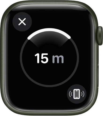 La schermata “Posizione precisa” che mostra che iPhone è a 2 metri e mezzo di distanza. In basso a destra è il pulsante “Fai suonare iPhone”.
