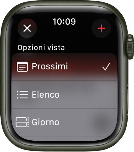 Una schermata di Calendario con le opzioni di visualizzazione “Prossimi eventi”, Elenco e Giorno. Il pulsante Aggiungi è in alto a destra.