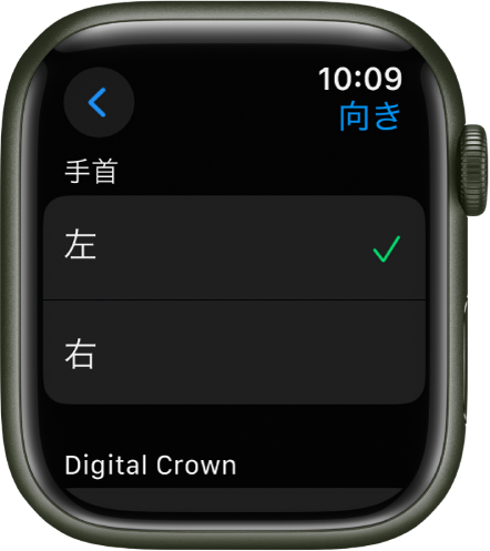 Apple Watchの「向き」画面。装着する腕とDigital Crownの設定を変えることができます。