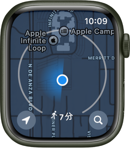 マップアプリ。現在地を中心に円が表示され、徒歩7分圏内を表しています。左下に「位置情報」ボタン、右下に「検索」ボタンがあります。