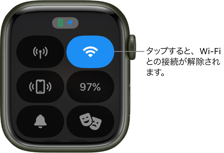 Apple Watch（GPS + Cellular）のコントロールセンター。右上にWi-Fiボタン。「タップすると、Wi-Fiとの接続が解除されます。」というコールアウト