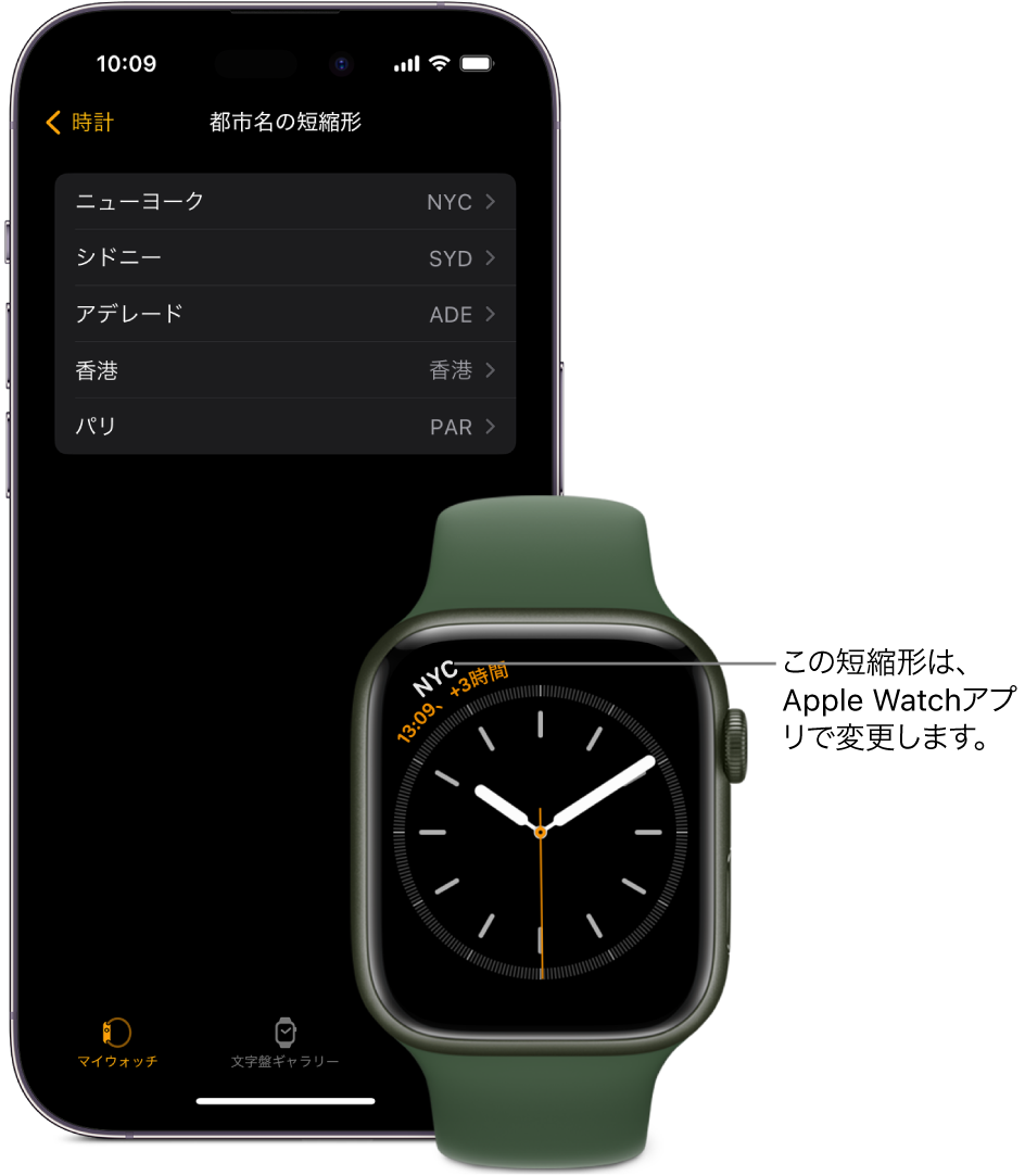 iPhoneとApple Watchが横に並んでいます。Apple Watchの画面。ニューヨーク市（短縮名「NYC」）の時刻が表示されています。iPhoneの画面には、Apple Watchアプリの「時計」設定にある都市のリストが表示されています。