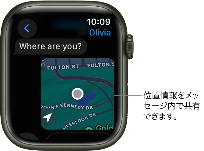 メッセージアプリ。マークされた位置情報のマップが表示されています。