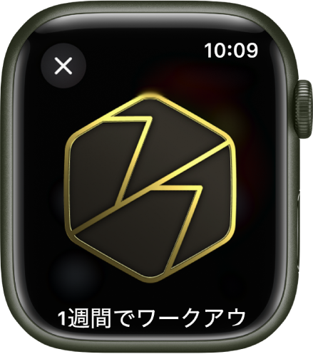 Apple Watchに表示されている獲得したバッジ。バッジの下にバッチの説明が表示されています。ドラッグすると、バッジを回転させることができます。