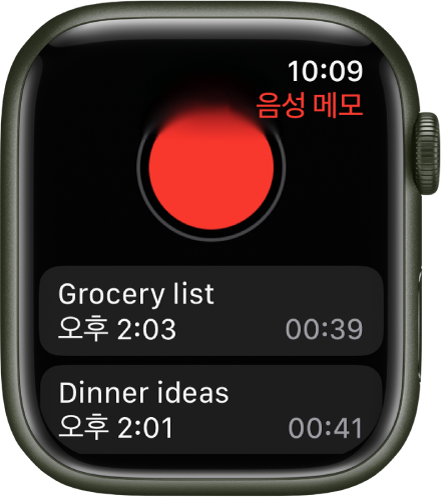 음성 메모 화면을 보여주는 Apple Watch. 빨간색 녹음 버튼이 상단에 표시됨. 두 개의 녹음된 메모가 아래에 나타남. 메모에는 녹음 당시의 시간과 녹음의 길이가 표시됨.