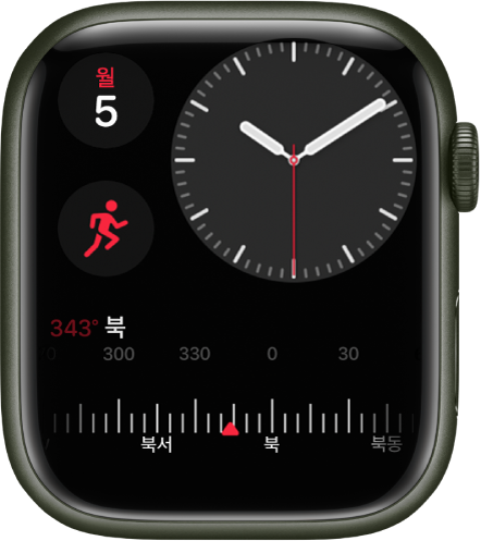오른쪽 상단 근처에 아날로그 시계, 왼쪽 상단에 요일과 날짜를 표시하고, 두 개의 컴플리케이션이 있는 콤팩트 모듈 시계 페이스: 왼쪽 중앙에 운동, 하단에 나침반이 있음.