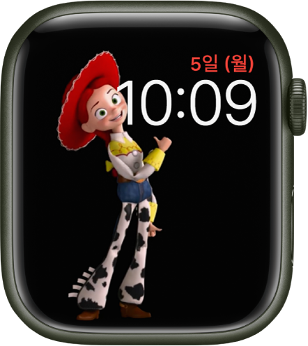오른쪽 상단에 요일, 날짜, 시간이 표시되고 화면 왼쪽에 움직이는 제시가 표시되는 토이 스토리 시계 페이스.