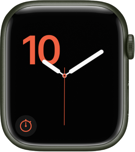 시간이 빨간색으로 표시되고 왼쪽 하단에 타이머 컴플리케이션을 보여주는 숫자 시계 페이스.