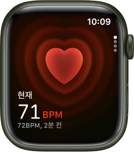 왼쪽 하단에 현재 심박수가 표시되어 있고 그 아래 작게 마지막 확인 기록이 있는 심박수 앱.