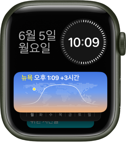 Apple Watch의 스마트 스택이 다음 세 개의 위젯을 표시함. 왼쪽 상단의 요일과 날짜, 오른쪽 상단의 디지털 시간, 중앙의 세계 시계.