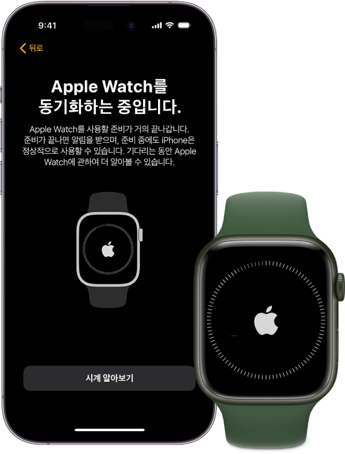 동기화 화면을 보여주는 iPhone 및 Apple Watch.