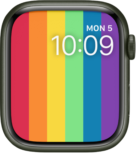Laikrodžio ciferblatas „Pride Digital“, kuriame rodomos vertikalios vaivorykštės juostos; viršuje dešinėje pateikta data ir laikas.