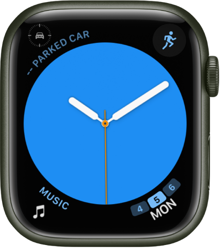 Laikrodžio ciferblatas „Color“: galite koreguoti laikrodžio ciferblato spalvą. Rodomi keturi valdikliai „Parked Car Waypoint“ valdiklis pateiktas viršuje kairėje, „Workout“ valdiklis pateiktas viršuje dešinėje, „Music“ valdiklis pateiktas apačioje kairėje, o „Calendar“ valdiklis – apačioje dešinėje.