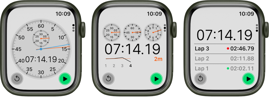 Trijų tipų chronometrai programoje „Stopwatch“: Analoginis chronometras, hibridinis chronometras, rodantis laiką ir analogine, ir skaitmenine forma, ir skaitmeninis chronometras su ratų skaitikliu. Kiekvienas laikrodis turi paleidimo ir atstatymo mygtukus.