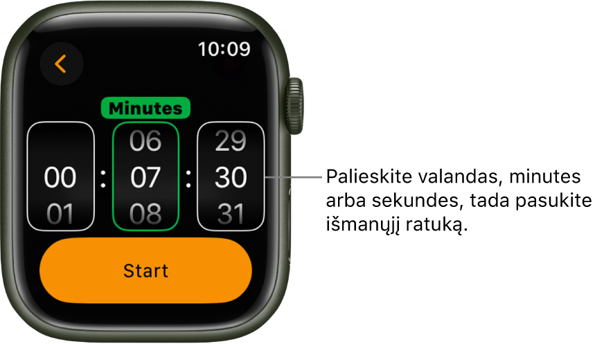 Pasirinktinio laikmačio kūrimo nustatymai: kairėje rodomos valandos, viduryje – minutės, o dešinėje – sekundės. Paleidimo mygtukas yra žemiau.