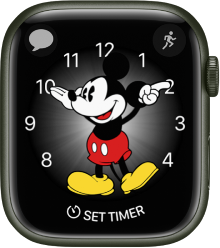 Laikrodžio ciferblatas „Mickey Mouse“, į kurį galite įtraukti daug valdiklių. Rodomi trys valdikliai Viršuje kairėje pateiktas valdiklis „Messages“, viršuje dešinėje pateiktas „Workout“, o apačioje – „Timer“.