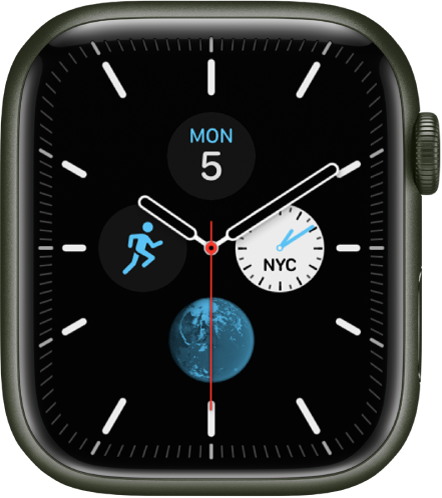 Laikrodžio ciferblatas „Meridian“: galite koreguoti ciferblato spalvą ir išsamią informaciją. Rodomi keturi valdikliai analoginio laikrodžio ciferblato viduje: „Date“ viršuje, „World Clock“ dešinėje, „Earth“ apačioje, o „Workout“ kairėje.